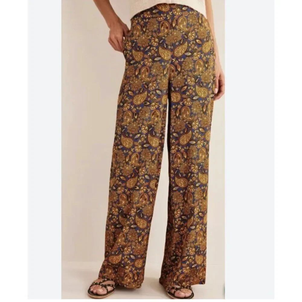 Boden Womens Paisley Pants Trousers Wide leg UK 12 US 8 Blue Gold R0305 NWT